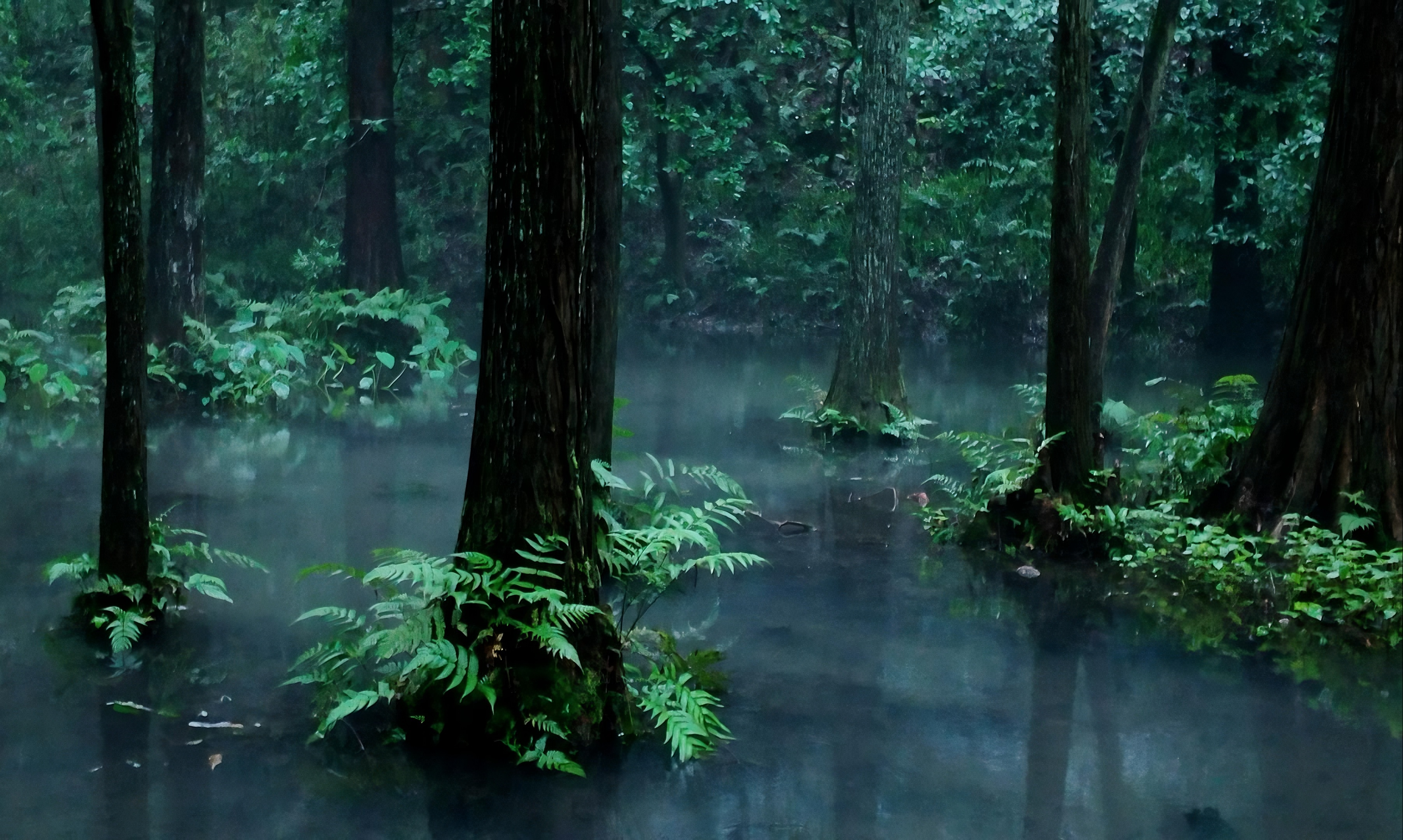 秘水森境—陕煤地质一九四公司燕琳琅摄（参天树木伫立在浅水环境中，树干纹理清晰，周围蕨类等绿植蓬勃生长，氤氲水汽弥漫，营造出幽深、湿润且神秘的氛围，仿佛是自然孕育的隐秘秘境，展现出原始生态的独特魅力与宁静之美 。）.png